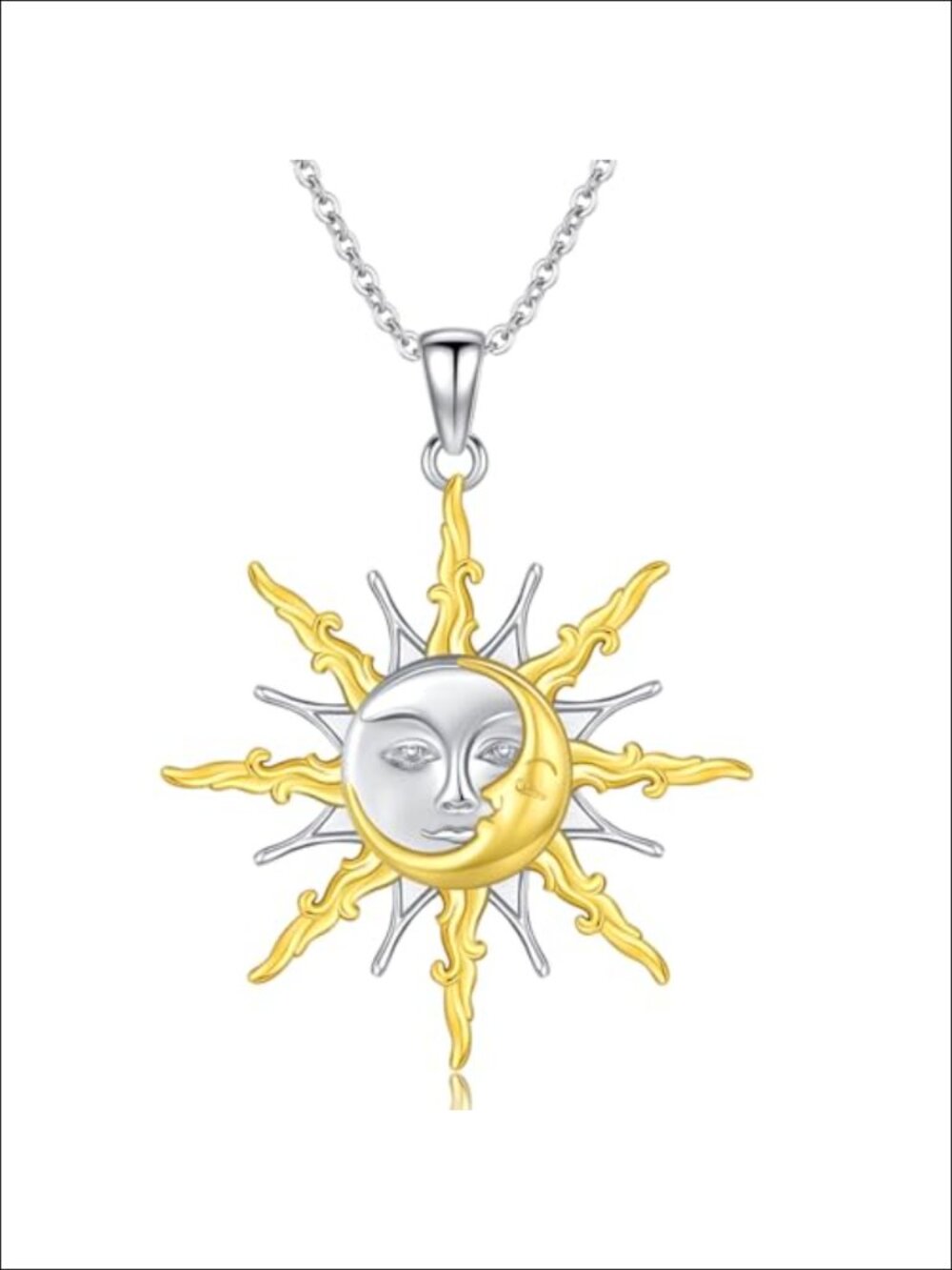 Sterling Silver Sun and Moon Face Pendant Necklace